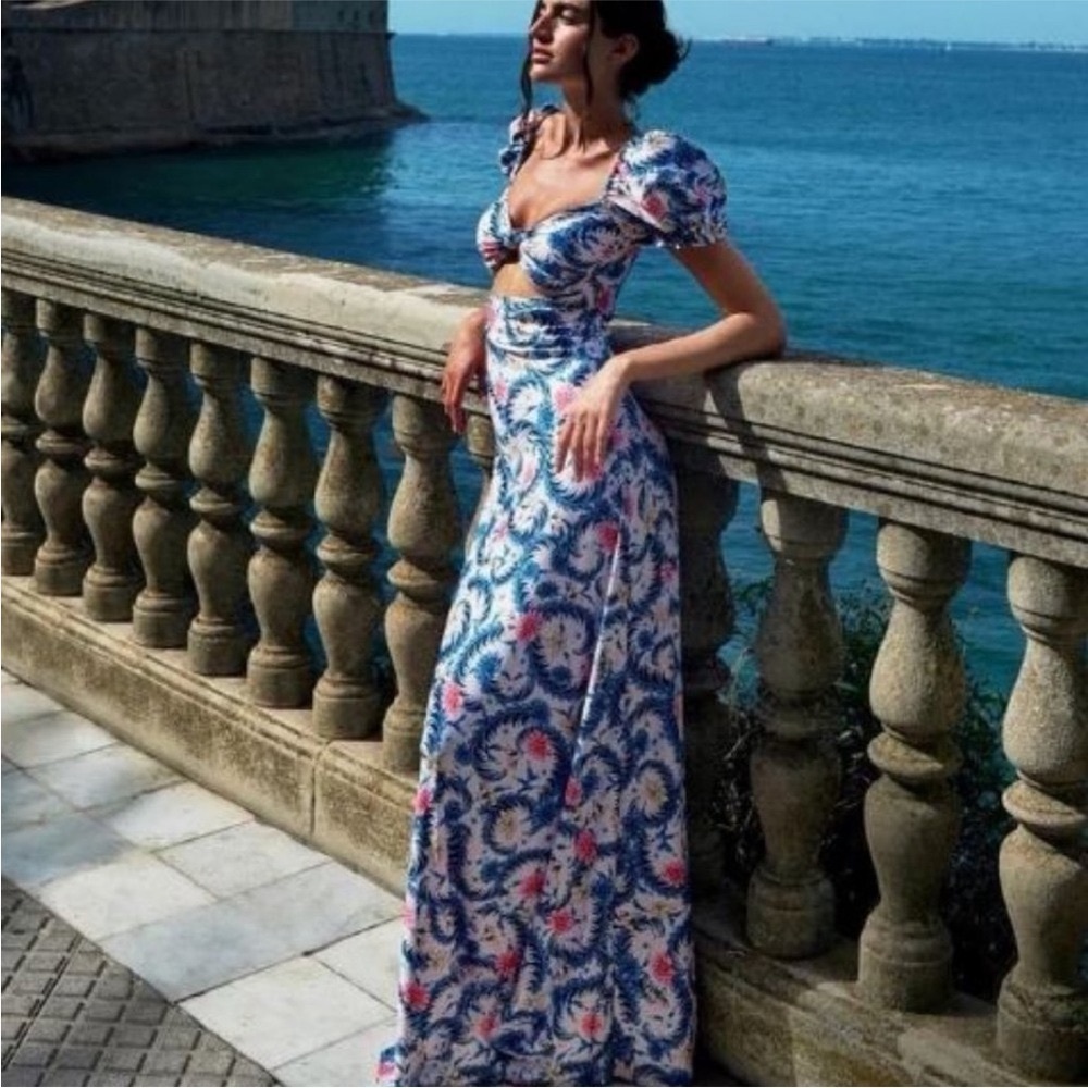 Agua Bendita Clare Cut Out Blue and Pink Maxi Dress